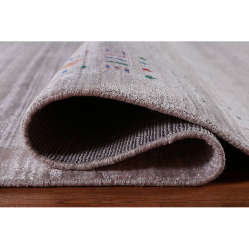 Hand Knotted Oriental Viscose Silk Carpet Tribal Stripe Greys & Charcoal Gabbeh Area Rug - 12' 5'' X 9' 3''