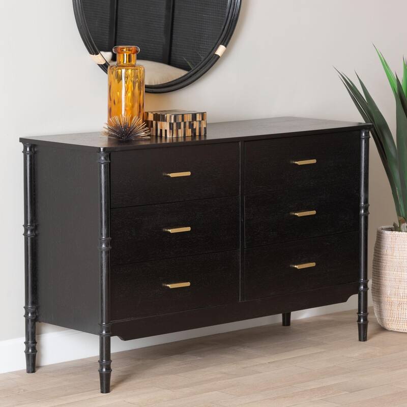 Marisela Black Wood Dresser with Drawers - Bamboo-Inspired Legs and Brass Handles, 6-Drawer Modern Transitional Bedroom Storage