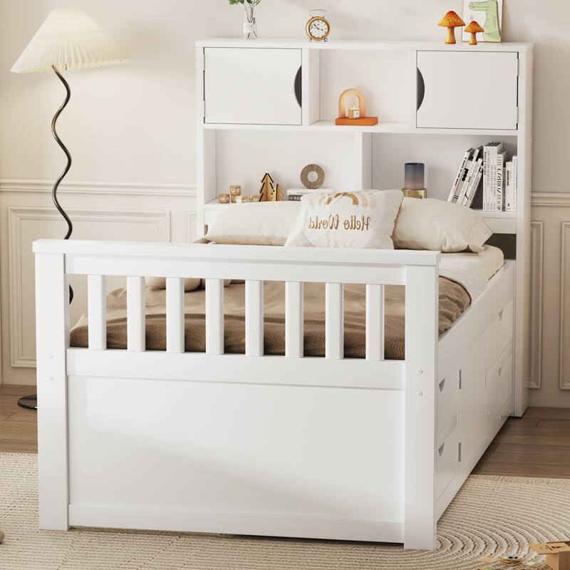Twin Size Captain Platform Bed with Storage Bookcases Four Drawers - White