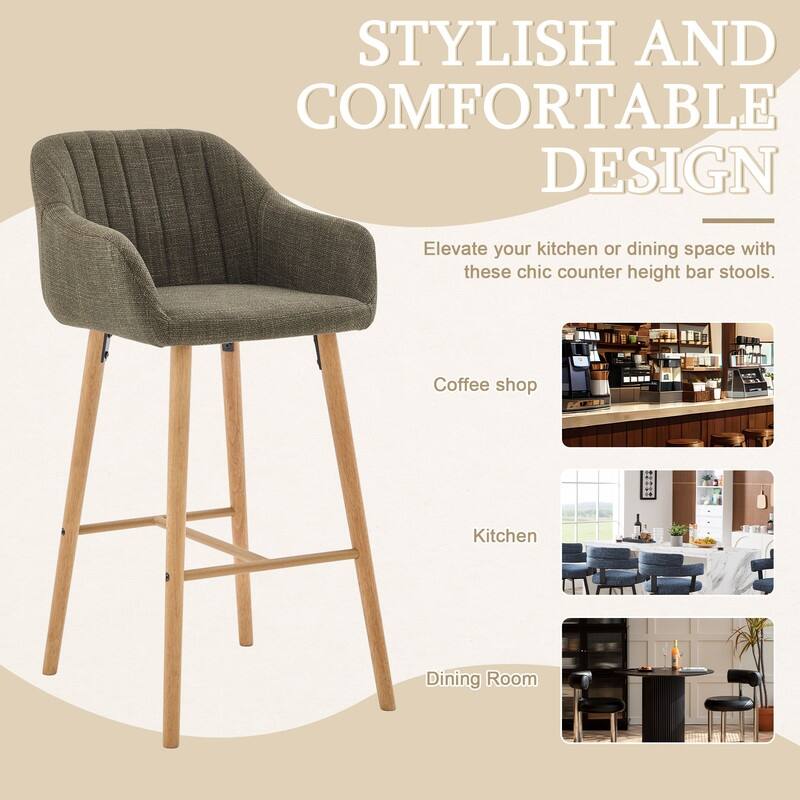 Linen Upholstered Ergonomically Designed Solid Wood Leg Tall Bar Stools(set of 2)