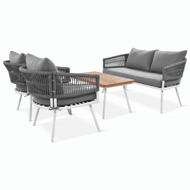 4-Piece Boho Rope Patio Furniture: Outdoor Seating with Acacia Wood Table, Thick Cushions