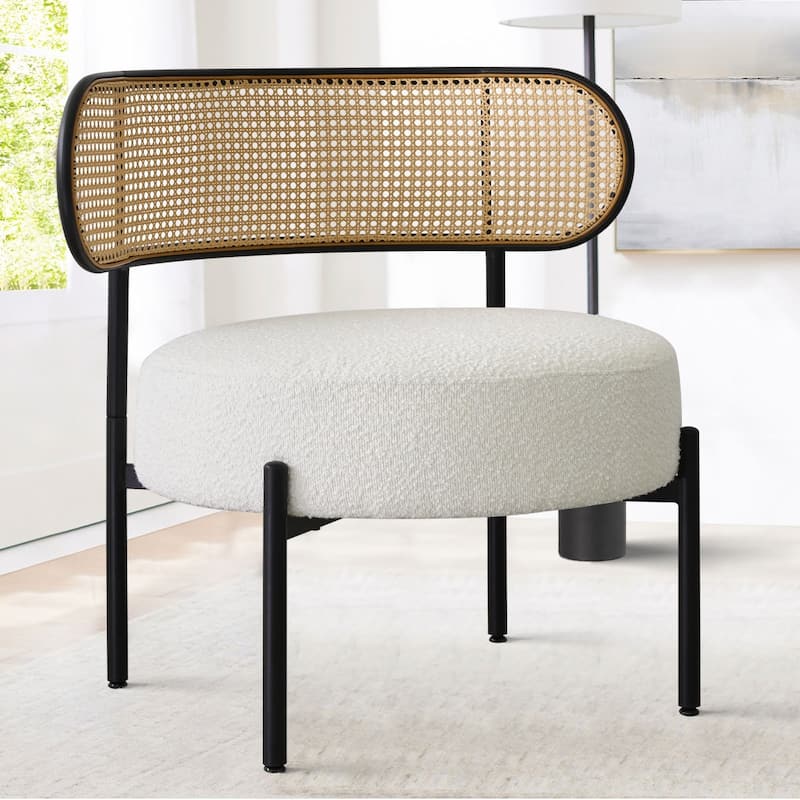 Boucle Upholstered Accent Chair with Rattan Back