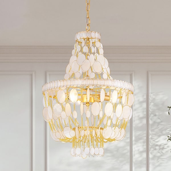 slide 2 of 10, Rennnsan 3-Light Bohemian Coastal Capiz Shell Chandelier for Soft Glow Dining & Living Spaces - 3 Light 3 Light - Gold