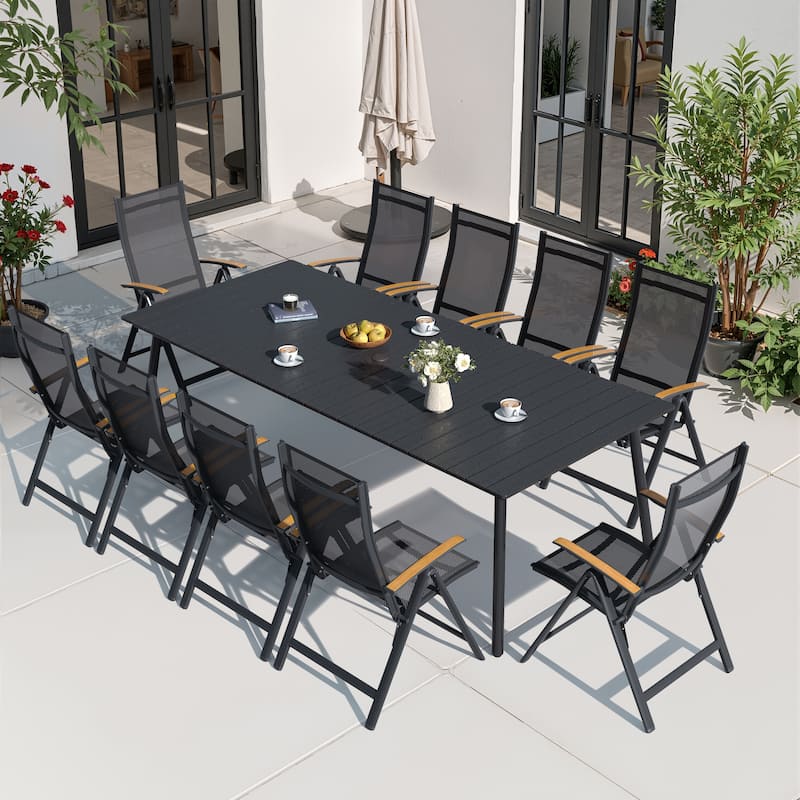11-Piece Outdoor Aluminum Dining Table and Foldable Adjustable Dining Chairs Set - Black table with black chairs
