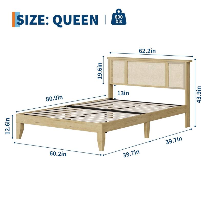 Boho Rattan Headboard Bed Frame with Under-Bed Storage, Sturdy Steel Base & Wooden Slats, No Box Spring Needed
