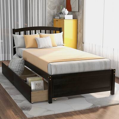 Wooden Bed Frame with Headboard, Twin Size Platform Bed with Two Drawers, Storage Bed with Wood Support Legs, Espresso