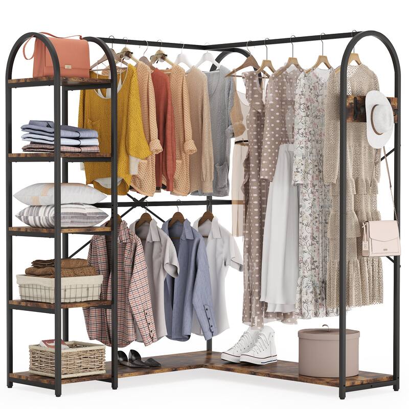 L Shaped Corner Garment Rack Clothing Rack with Storage Shelves and Side Hooks