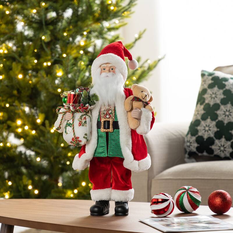 Glitzhome 18"H Faux Fur Christmas Santa Figurines with Porcelain Face - Traditional Santa with Bear