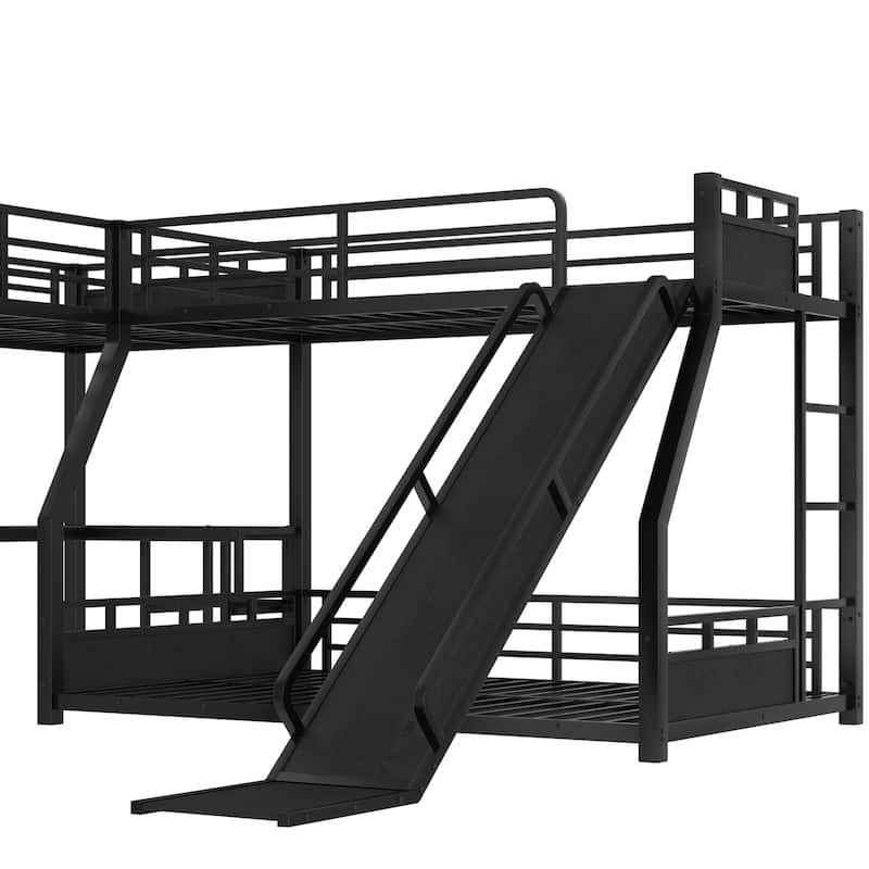 L-shaped Triple Bunk Bed with Loft Bed and Bunk Bed, Metal Storage Bed Frame with Integrated Desk, Open Shelves and Slide