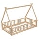 preview thumbnail 7 of 6, Natural Twin Size Pine Wood Tent-shaped Floor Bed, with Guardrails, Slats and Door for Kids, Boys and Girls