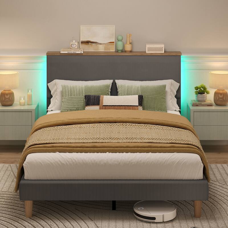 Bestier Bed Frame Velvet Upholstered Platform Bed Frame with Storage Headboard and LED Lights