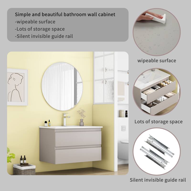 32 Inch Floating Bathroom Vanity with One-piece Ceramic Sink, Wall Mounted Cabinet with 2 Drawers