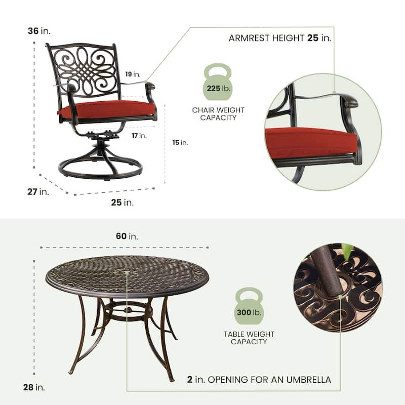 Hanover Traditions 7-Piece Dining Set in Red with a 60 In. Round Cast-top Table and Six Swivel Rockers