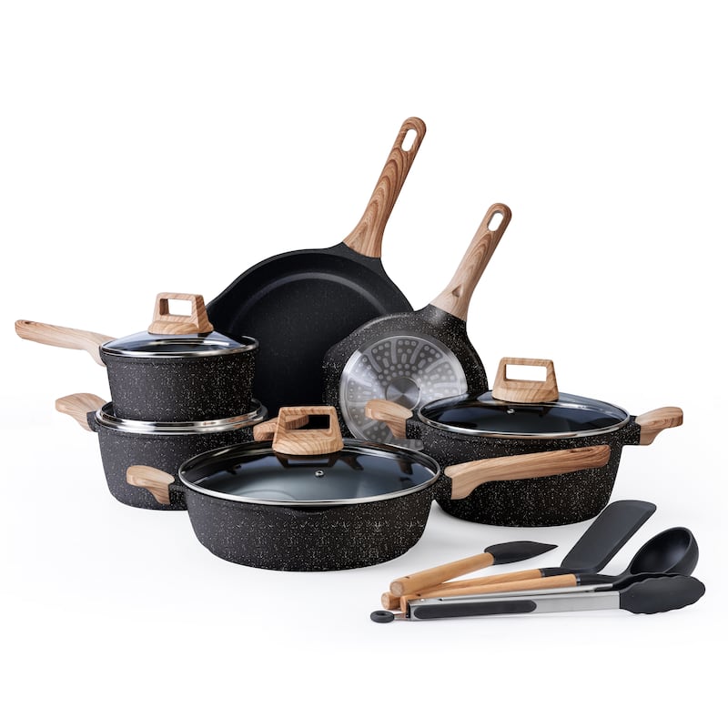 Country Kitchen 14 Piece Kitchen Cookware Set, Nonstick Cast Aluminum with Utensils, Sage - Black