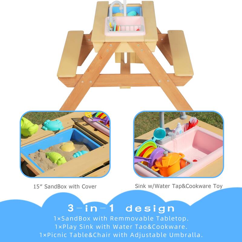 Anmytek Wooden Kids Picnic Table with Umbrella and 3 in 1 Sand and Water Activity Play Table for Outdoor Backyard Patio