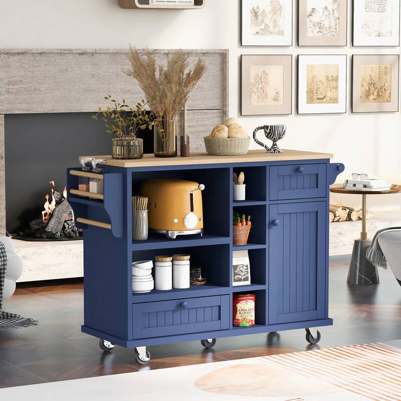 Kitchen Island with Solid Wood Desktop, Kitchen Island Cart on Locking Wheels, Rolling Island Cart with Cabinets & Drawers