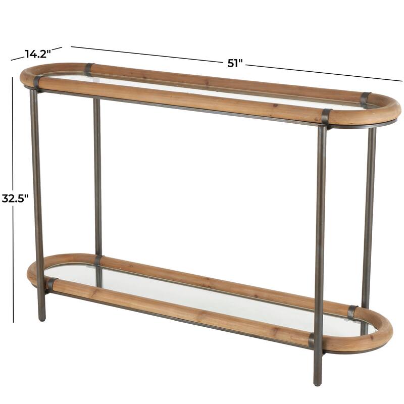 Metal Oval 1 Shelf Console Table with Brown Wooden Framed Glass Tabletop - Brass - Roche River Decor