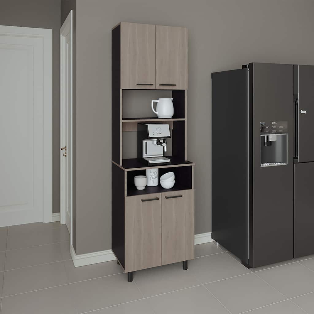 Kitchen Pantry, 4 Doors, 4 Legs, 4 Shelves, White Oak / Black Wengue with durable engineered wood construction