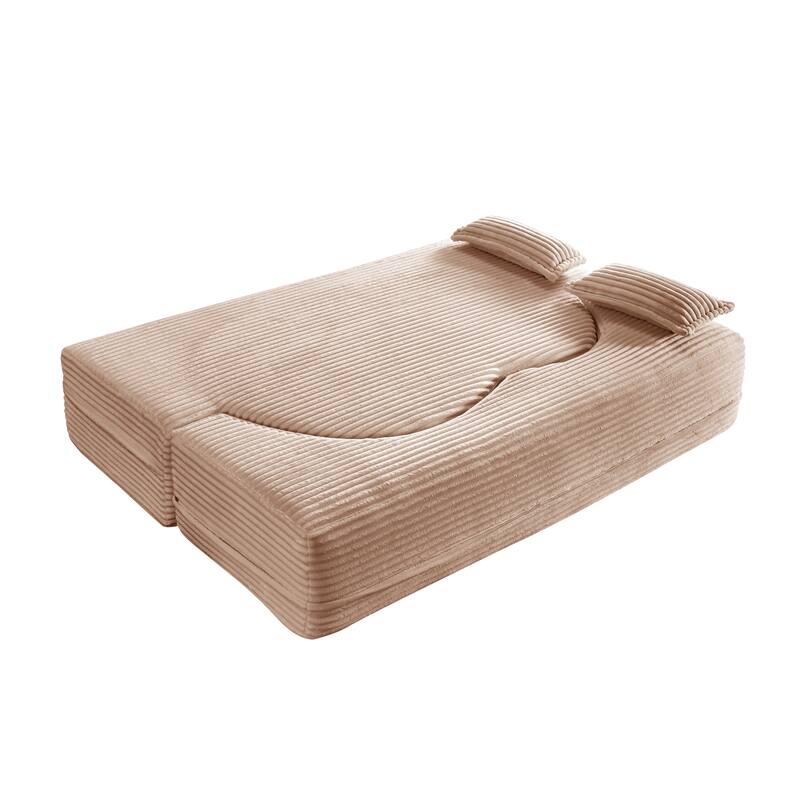 Floor Sofa With 2 Pillows,Convertible Plush Corduroy Foam-Filled Sleeper Sofa Bed,15" Full Size Folding Mattress,Guest Bed