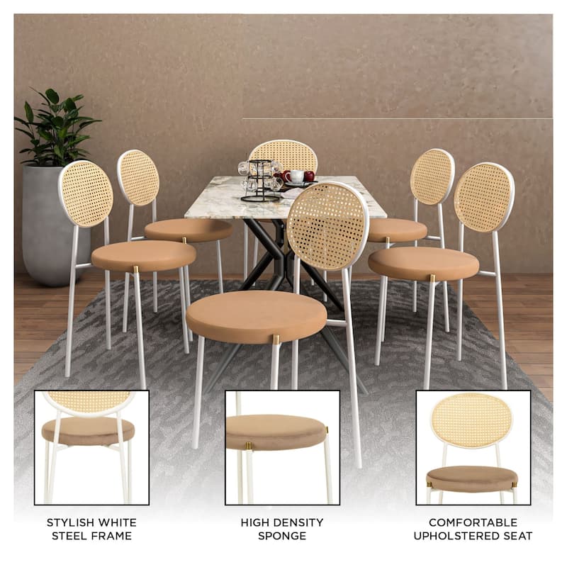 LeisureMod Euston Modern Dining Chair with Upholstered Velvet Seat - Wicker Back and White Stainless Steel Legs Accent Chair