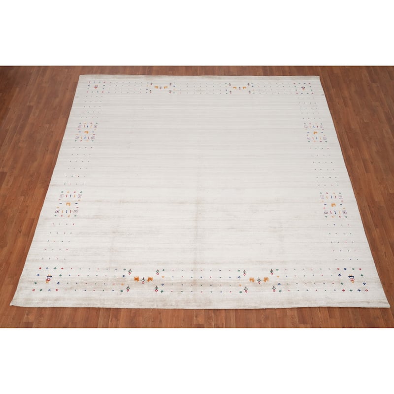 Hand Knotted Oriental Viscose Silk Carpet Tribal Animal Pictorial Beige & Ivories Gabbeh Area Rug - 9' 9'' X 9' 11''