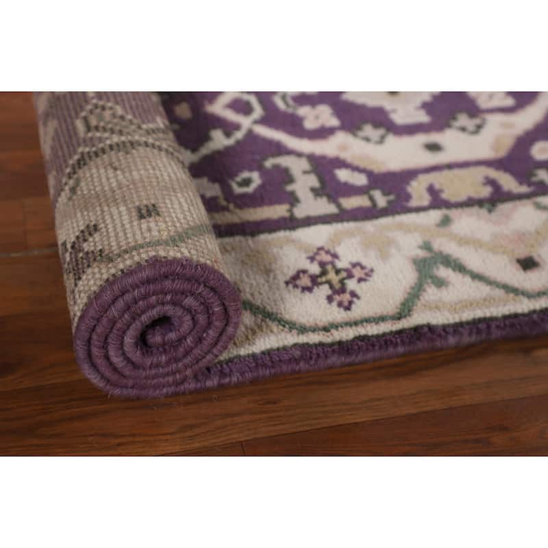 Purple & Ivory Oushak Indian Runner Rug Handmade Wool Carpet - 2'7"x 8'1"