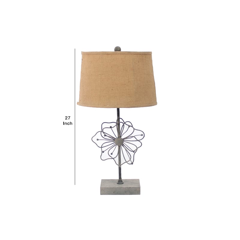 Metal Table Lamp Set of 2 with Flower Accent and Block Base,Beige and Gray