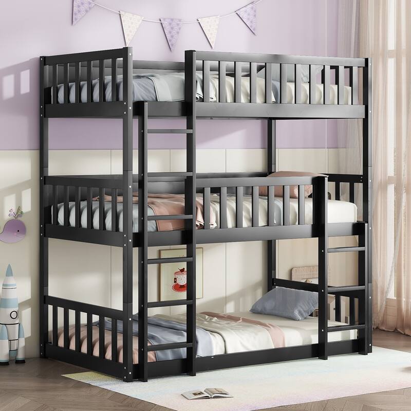 Roomfitters Twin Triple Bunk Bed, Rubber Wood Detachable Design with Ladders and Guardrails, Twin over Twin over Twin
