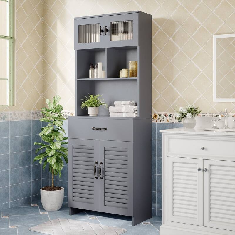 Water-Resistant MDF Bathroom Vanity with Louvered Doors, Tempered Glass Top Cabinet, and Decorative Hardware