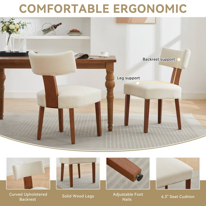 Set of 2 Upholstered Dining Chairs with Curved Backrest, Wooden Legs