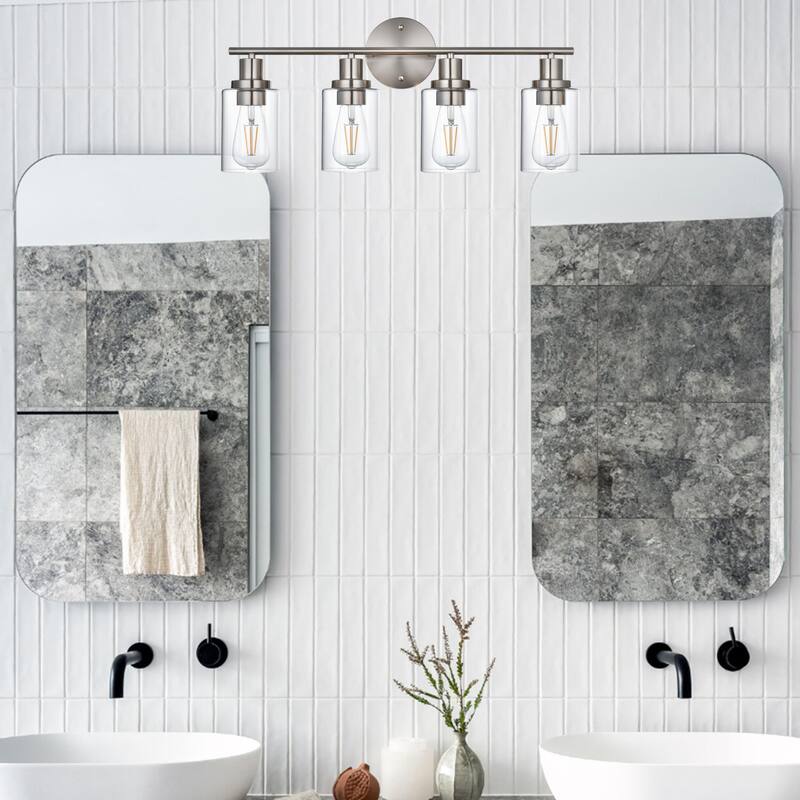4-Light Bathroom Light Fixtures, Brushed Nickel Modern Vanity Lights Over Mirror with Clear Glass Shade, Bathroom Wall Lamp