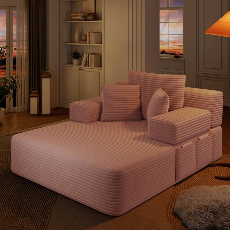 Luxurious Plush Corduroy Chaise Lounge Convertible Sofa Bed with Storage Pocket and Wide Armrests