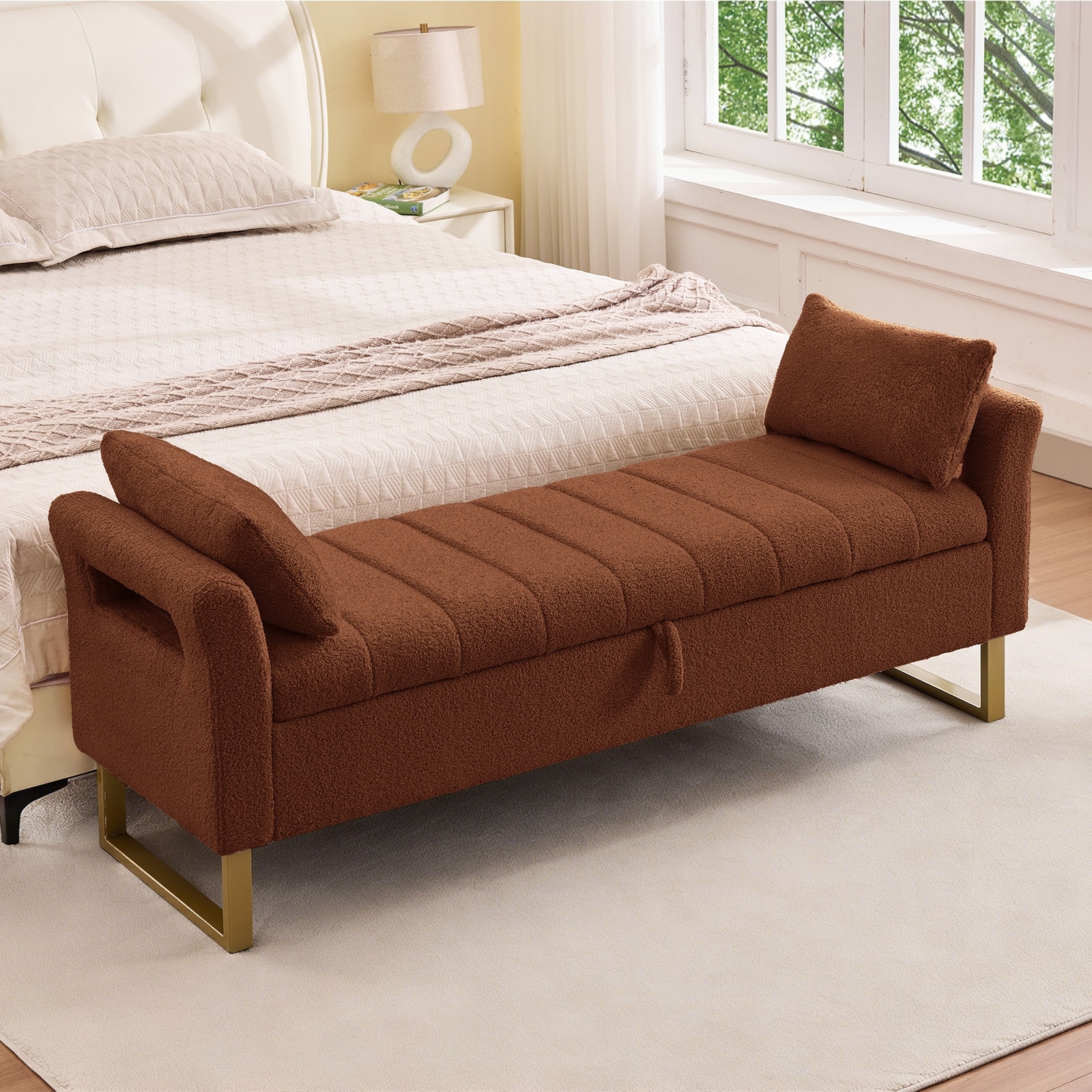 66"W Teddy Storage Bench for Bedroom End of Bed with Arm and Two Pillows