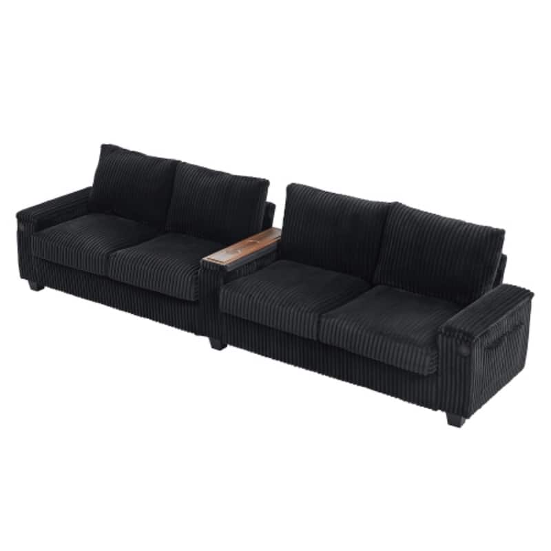 4-Seater Modern Corduroy Sofa Couch with USB Ports, Hidden Storage, and Flip-Top Cup Holders