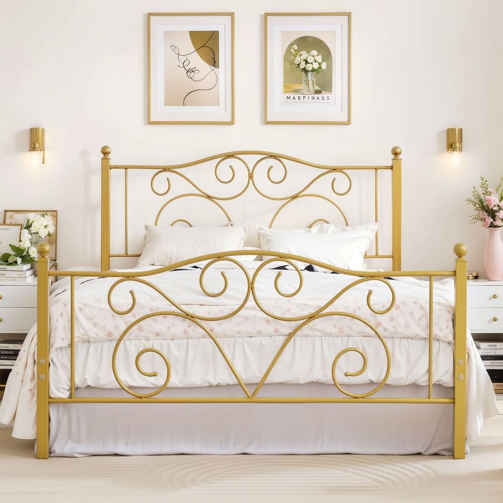 VECELO Metal Platform Bed Frame with Roman Column Floral Scrollwork Headboard No Box Spring Needed Twin/Full/Queen Size
