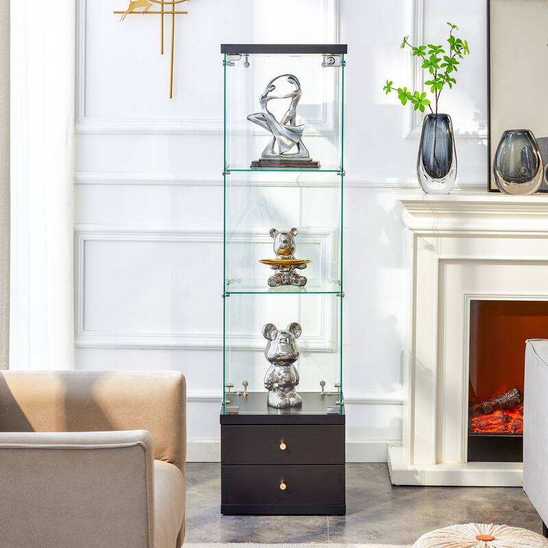 Glass Display Cabinet (0.2" Tempered Glass) - Soft-Close Drawer Slides 3 Adjustable Shelves, Ideal for Display & Storage - Black