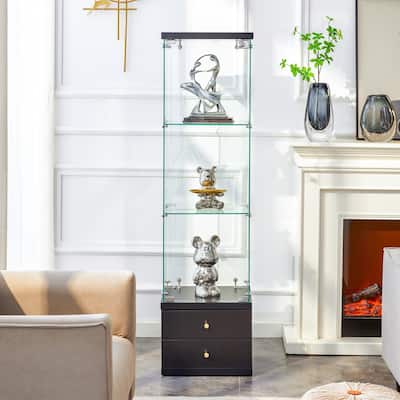 Glass Display Cabinet (0.2" Tempered Glass) - Soft-Close Drawer Slides 3 Adjustable Shelves, Ideal for Display & Storage