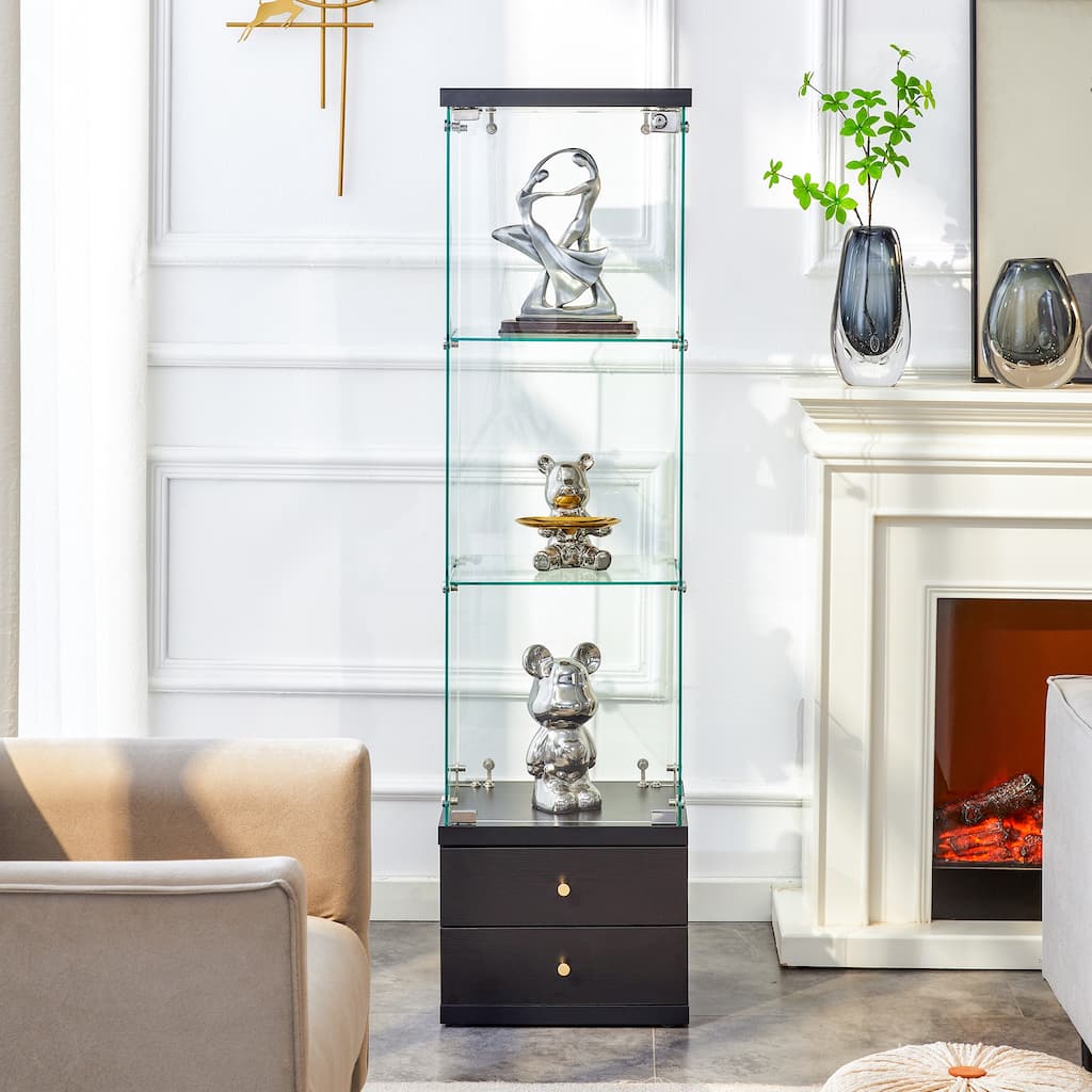 Roomfitters Glass Display Cabinet with 3 Adjustable Shelves and Soft-Close Drawers, Ideal for Storage, Black