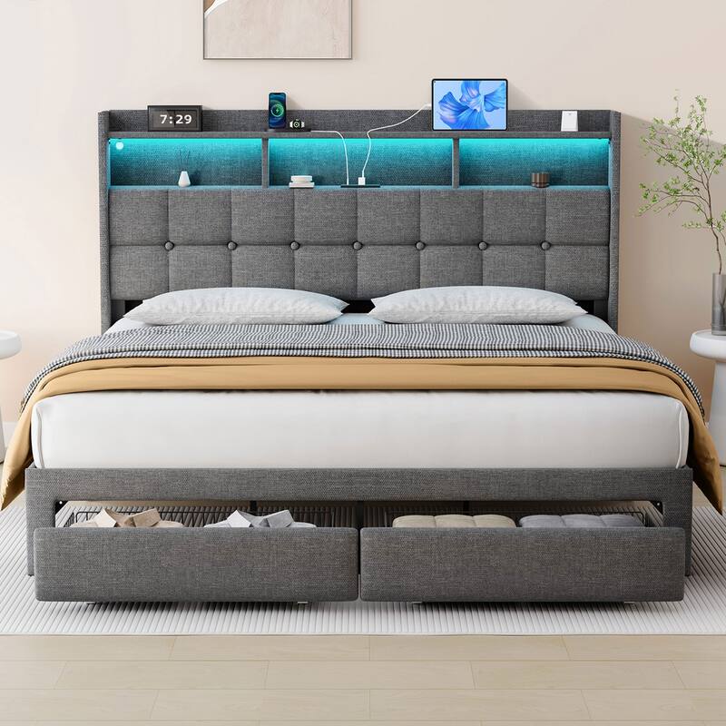 King Size Upholstered Platform Bed with LED Lights, Charging Station & Storage Headboard, No Box Spring Needed