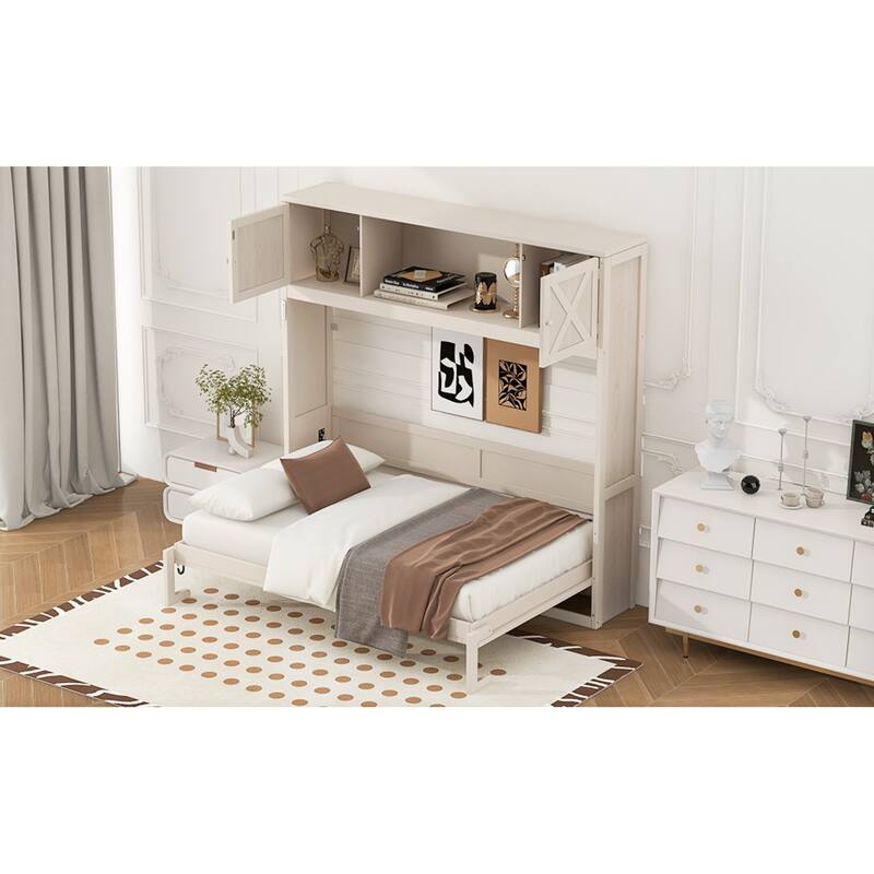 Roomfitters Full/Queen Size Murphy Bed with Storage Cabinets, Shelves and Rustic X-Shape Design