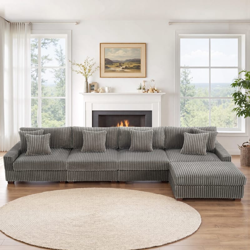 Anne 150" W Upholstered Plush Corduroy Modular Sectional Sofa - 5-Piece Light Grey