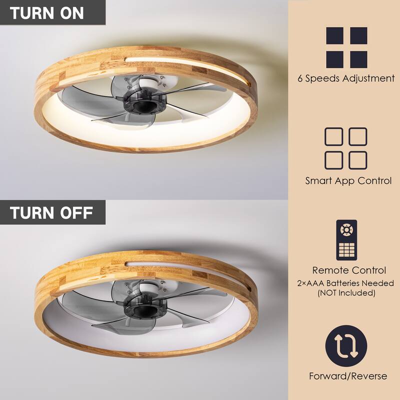 19.7" Farmhouse Flush Mount Ceiling Fan with LED Light and Remote Control, Wooden Finish for Bedroom/Living Room - 5