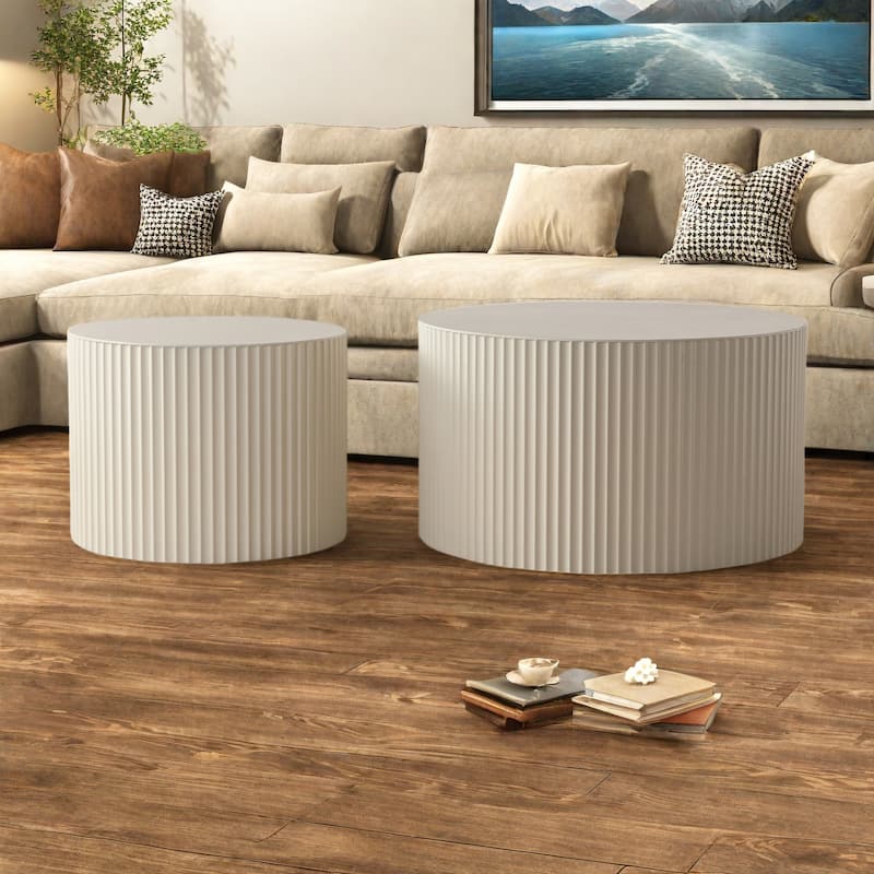 33.86" MDF Handcrafted Round Wood Coffee Table with Relief Detailing - Beige+White