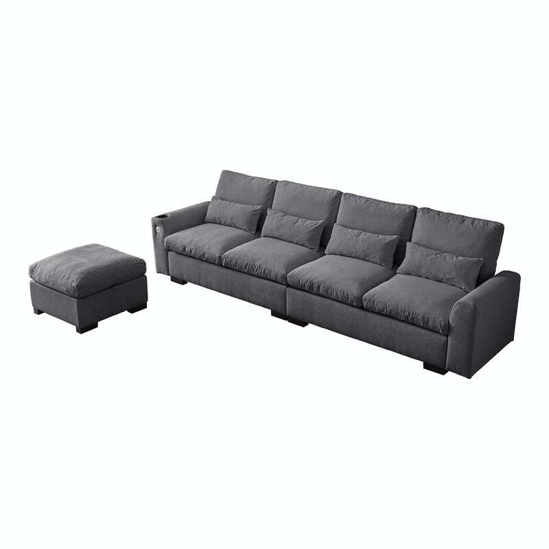 114.5"Modern L Shaped Chenille Sofa with Ottoman and USB Ports