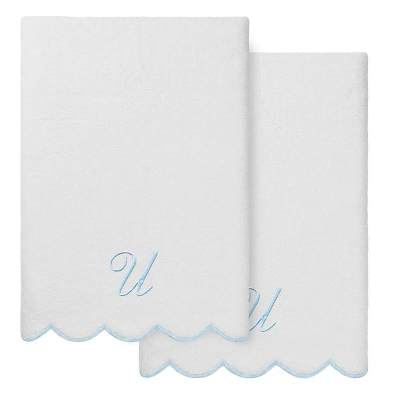 Authentic Hotel and Spa 100% Turkish Cotton Blue ADORNIA Scallop Personalized 2 Piece Bath Towel Set - 2 Bath Towels - U