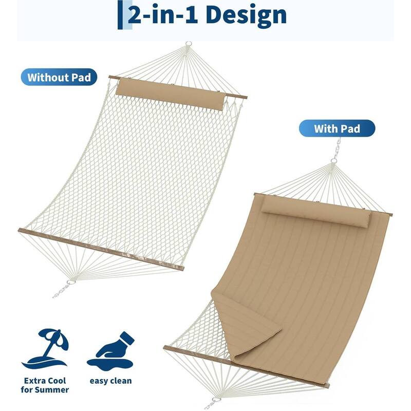 2 in 1 Outdoor Hammock with Cotton Rope and Polyester Pad for Patio, Backyard, Garden, Beach
