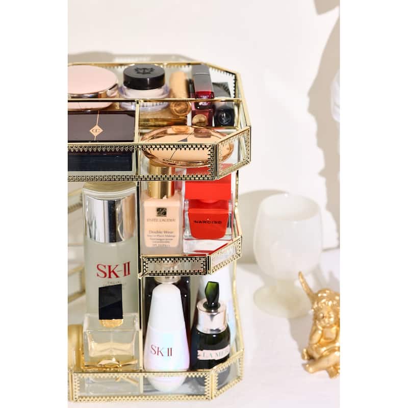 Golden Vintage Glass 360 Degree Rotation Makeup Organizer for Vanity&Bathroom - Gold