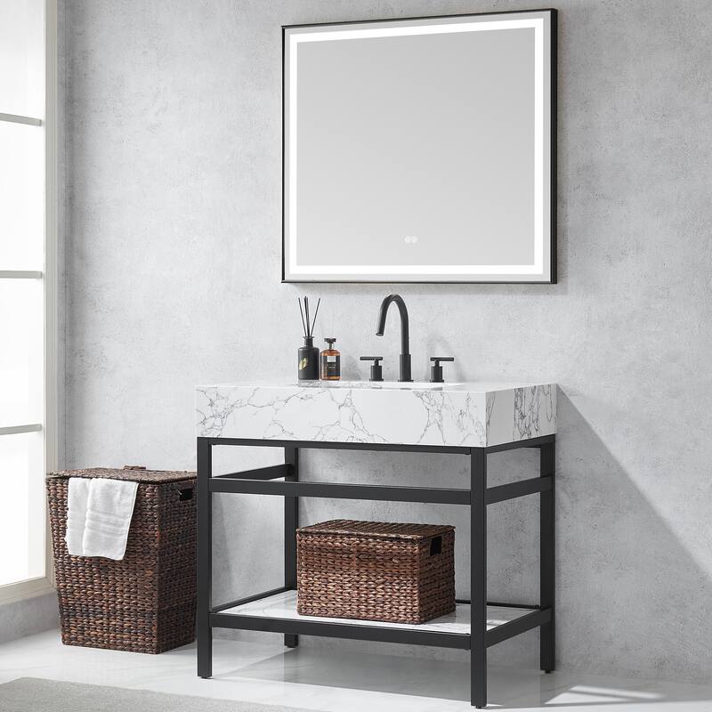 Ecija Bath Vanity, Metal Support with Composite Stone Top and Mirror