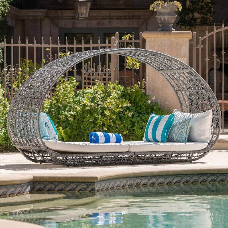 Roomfitters Outdoor Wicker Canopy Daybed with Cushions and Open Circle Frame - Grey