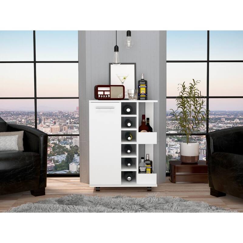 TUHOME Bar Cart, Two External Shelves, Four Casters, Six Built-in Wine Rack and Single Door Cabinet - 23" W x14"D x 32"H